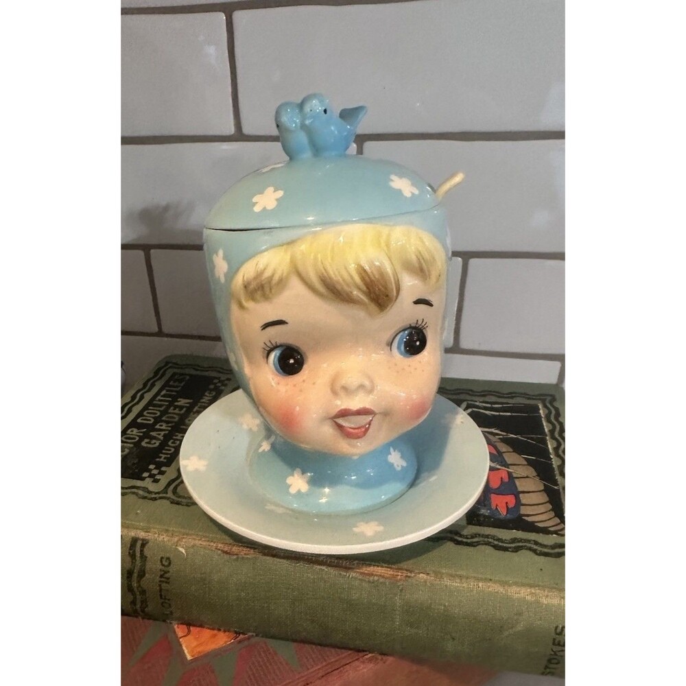 VINTAGE NAPCO MISS CUTIE PIE BLUE JAM JELLY JAR w/LID & SPOON A3509 Read